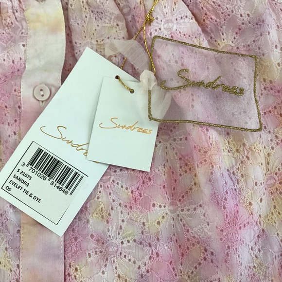 Sundress Sandra Eyelet Tie Dye Maxi Dress Off Shoulder Flutter Sleeve Pink OS - Picture 4 of 8